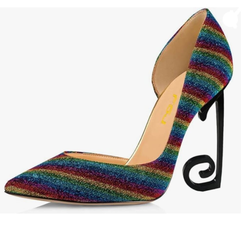 FSJ Rainbow Pointed Toe Pumps for Women Black High Heel Dorsay Slip On Party Pro